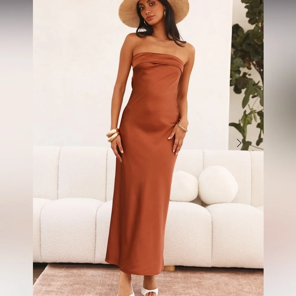 Hello Molly Open Back Maxi Dress Orange Satin Strapless - Picture 3 of 8